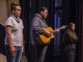 Actors Colin Wolf, left to right, Lancelot Knight, and Tara Sky during a rehearsal of the Persephone Theatre's production of Reasonable Doubt on the main stage in Saskatoon, SK on Thursday, January 23, 2020.