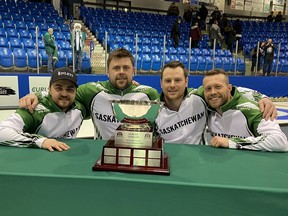 The Matt Dunstone team is shown with the Tankard after winning the Saskatchewan men's curling championship Sunday in Melville. Left to right: Dunstone, Braeden Moskowy (third), Catlin Schneider (second) and Dustin Kidby (lead).