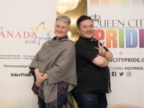 Heather Hay, left, president of Fierte Canada Pride, and Dan Shier, co-chair of Queen City Pride, at the Hotel Saskatchewan in Regina on Wednesday, February 5, 2020.