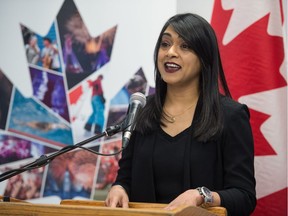 Bardish Chagger, federal minister of diversity and inclusion and youth, speaks at a funding announcement in support of an anti-racism initiative for the Multicultural Council of Saskatchewan at the council's building on Albert Street in Regina, Saskatchewan on Feb. 7, 2020.