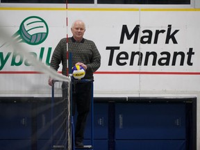 Internationally renowned for his work in volleyball, Mark Tennant stands for a photo in the court named after him at the Henk Ruys Soccer Centre in Saskatoon on Feb. 6, 2020. Tennant, formerly the women's volleyball coach at the University of Saskatchewan, was recently recognized as a Canada West Hall of Fame inductee and FISU lifetime achievement recipient.