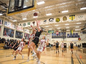 The Lumsden Angels (green) and Miller Marauders are shown in a senior girls consolation-side semi-final Friday at LIT.