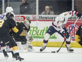 Regina Pats rookie forward Drew Englot, right, shown Monday against the Brandon Wheat Kings, has made an effective return to the lineup after being sidelined with appendicitis.