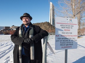 Alex Tkach, vice-chair of the Rosemont Mount Royal Community Association, stands in front of the site of what was formerly the Orr Centre on the corner of 4th Avenue and Connaught Street in Regina Saskatchewan on Feb. 18, 2020. Tkach has raised concerns from community members that a proposed development for the area will cause issues with traffic.