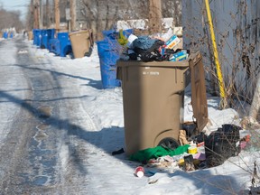 Garbage overflows from a residential household waste bin in an alley in Regina. A motion before council would seek harsher penalties for landlords who do not clean up their properties.