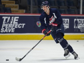 The Regina Pats' Jakob Brook participates in a practice at the Brandt Centre on Thursday.