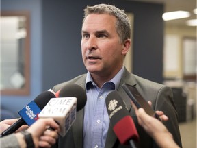 Patrick Maze, president of the Saskatchewan Teachers' Federation, meets with reporters in Regina on Tuesday, February 25, 2020.