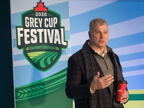 CFL commissioner Randy Ambrosie addresses the crowd Saturday at Mosaic Stadium during "Randy's Road Trip."