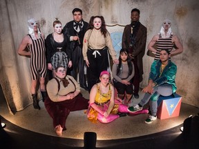 The cast and creators of 4OUR, a circus-themed play at the University of Regina. They are (back row, standing, from left) Brandon MacKenzie, Rachel Walliser, Jadav Cyr, Elizabeth Bishop, Bongani (Mike) Musa, Spencer Jordan, (front row, seated, from left) Emma Eaton, Chelsea Laing, Aja Tom, Daniel Rodriguez.