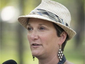 Sandra Butel speaks at the Regina Folk Festival in Victoria Park in 2018.