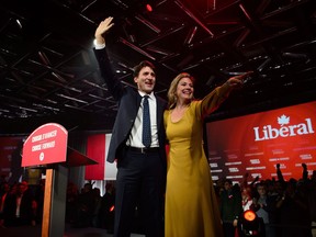 Liberal leader Justin Trudeau and wife Sophie Gregoire-Trudeau celebrate at Liberal election headquarters in Montreal on October 22, 2019. Chief electoral officer Stephane Perrault says there were no cybersecurity incidents of significance during last fall's federal election campaign. In a preliminary report to Parliament about the Oct. 21 election, Perrault says there was no cyber disruption to services to Canadians or to the administration of the electoral process.