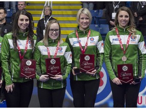 Left to right: Kara Thevenot, second Jessie Hunkin, third Stefanie Lawton and skip Robyn Silvernagle display their third =-place hardware at the 2019 Scotties Tournament of Hearts. Team Silvernagle will represent Saskatchewan once again at the 2020 Scotties in Moose Jaw.