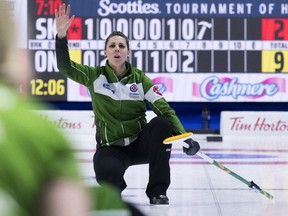 Team Saskatchewan skip Robyn Silvernagle calls her shot during Friday afternoon's championship-pool draw at the Scotties Tournament of Hearts in Moose Jaw. Ontario's Rachel Homan posted a 9-4 victory over Silvernagle, who will not advance to Saturday's Page playoffs.