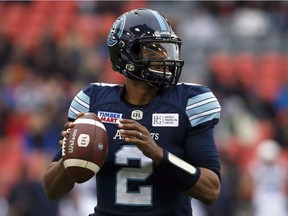 The Saskatchewan Roughriders signed quarterback James Franklin, shown with the Toronto Argonauts in 2018, to a one-year contract on Tuesday.