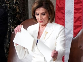 Speaker of the House Nancy Pelosi (D-CA) rips up U.S. President Donald Trump's speech following his State of the Union address on Feb. 4, 2020.