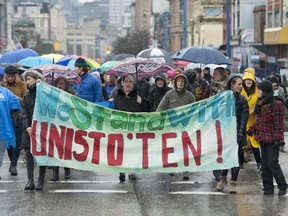 A rally is set to take place Sunday afternoon at Vancouver City Hall in solidarity with the Wet'suwet'en First Nation. The event follows protests in Vancouver last week that saw crowds marching throughout downtown to block port access, as pictured.