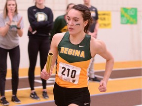 The University of Regina Cougars' Kaila Neigum, shown at the 2018 Canada West track and field championships, won a gold medal in the women's 3,000 metres Friday at the conference finals.