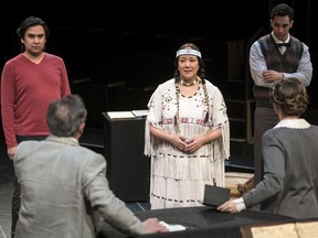 Marion Newman (centre, as Tsianina Redfeather) in a scene from I Call myself Princess at the Globe Theatre. Aaron M. Wells (back left, as William Morin) and Giovanni Spina (back right, as Clyde), perform a scene with Richard Greenblatt (left, as Charles Wakefield Cadman) and Aubree Erickson (right, as Nelle Eberhart).