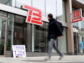 A sign thanking former New England Patriots quarterback Tom Brady, now of the Tampa Bay Buccaneers, sits outside Brady's TB12 Performance & Recovery Center on March 17 in Boston.