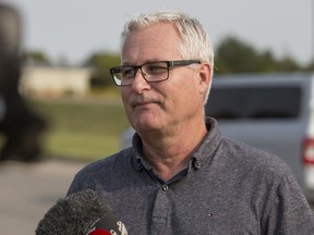 HUMBOLDT,SK--AUGUST 23/2018-0224  News- Humboldt Mayor Rob Muench speaks to media following a fly over by the Snowbirds in Humboldt, SK on Thursday, August 23, 2018.