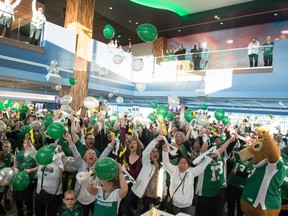 Fans at Mosaic Stadium cheer on Feb. 21, 2019 as it is announced that Saskatchewan will host the Grey Cup in 2020.