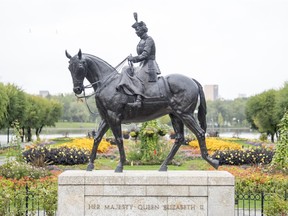 The Queen Elizabeth II statue just north of the Legislative Building in Wascana Centre. Queen Elizabeth II rides her favourite horse, a Saskatchewan-born black mare named Burmese.