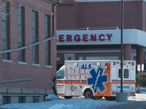 An ambulance arrives at the General Hospital in Regina, Saskatchewan on Feb 20, 2020.