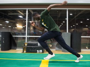 The University of Regina Cougars' Scott Joseph warms up for the U Sports track and field championships.