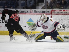 Regina Pats goalie Spenser Welke is beaten by a penalty shot from the Moose Jaw Warriors'  Martin Lang in WHL action at the Brandt Centre on Tuesday.