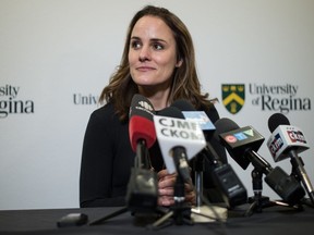 Dawn Smith takes questions from the media at the University of Regina's Inspiring Leadership Forum held at the International Trade Centre at Evraz Place in Regina, Saskatchewan on Mar. 4, 2020.