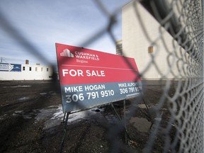 A for sale sign is visible on the former Capital Pointe site on the corner of Albert Street and Victoria Avenue in Regina on Friday, March 6, 2020.