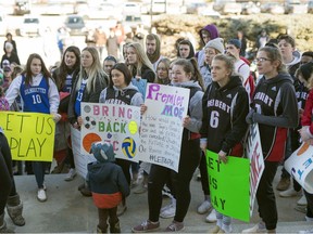 High school students from southern Saskatchewan attend a rally at the Legislative Building in Regina on Wednesday, March 11, 2020.