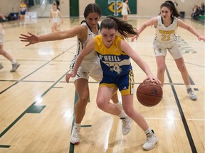 O'Neill High School's Taylor Gottselig (14) tries to dribble of out her own end while being pursued by Campbell Collegiate's Dani Weins (8) during a senior girls basketball city final on Wednesday.