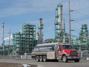 A fuel truck passes by the Co-op Refinery Complex in Regina, Saskatchewan on March 17, 2020.