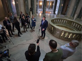 Saskatchewan Premier Scott Moe speaks to reporters at the Saskatchewan Legislative Building in Regina, Saskatchewan on Mar. 17, 2020. The normal scrum procedure was altered to conform with social distancing practices as the province grapples with the COVID-19.