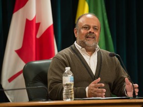 Saqib Shahab, Saskatchewan's Chief Medical Health Officer, speaks to reporters at the Saskatchewan Legislative Building in Regina, Saskatchewan on Mar. 17, 2020.