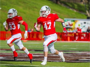 Lumsden's Geordie MacDougall (47) covers on special teams while with the Minot State Beavers during the 2019 NCAA season.