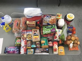 Items from a recent grocery shopping trip Ramona Knebush did for elders at Pheasant Rump Nakota First Nation. (Photo courtesy Ramona Knebush)