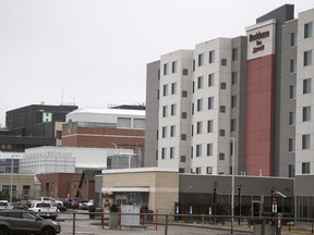 The Residence Inn Marriott with Pasqua Hospital in the background in Regina on Tuesday, March 31, 2020.