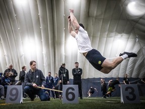 CFL draft prospects were tested during the combines, as shown in this file photo from 2019, leading up to the national draft. The cancellation of the combines has made it challenging for agents trying to get data on their clients into the hands of teams.