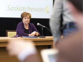 Donna Harpauer, Saskatchewan finance minister, speaks during an unusual Budget Day at the Legislative Building in Regina on Wednesday March 18, 2020. Due to the financial implications of the COVID-19 pandemic, the government announced yesterday that a full budget would be postponed to a later date. The budget announced today included spending estimates, but not revenue estimates.