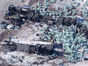 The wreckage of a fatal crash outside of Tisdale, Sask., is seen on Saturday, April, 7, 2018. A new non-profit advocacy group has launched to improve road safety ??? nearly two years after a deadly bus crash in rural Saskatchewan.