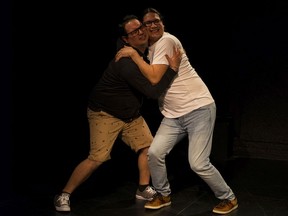 Skyler Anderson (left) and Pete Kytwayhat perform in the play they wrote, wanisiniwin / kwêski-pimâtisiw, at the Globe Theatre in Regina on Wednesday, March 11, 2020.