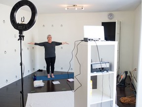 Barb McCaslin teaches a web-based yoga class at Bodhi Tree Yoga on 13th Avenue in Regina. Due to concern around the COVID-19 virus, regular classes have been cancelled, but Bodhi Tree is now offering interactive online classes instead.