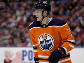 The Edmonton Oilers' Colby Cave against the Calgary Flames at Rogers Place, in Edmonton Saturday Jan. 19, 2019.