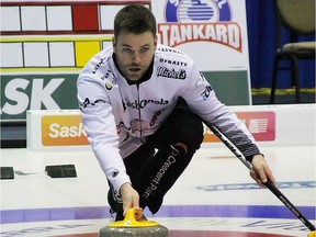 Kirk Muyres at the 2020 provincial men's Tankard in Melville. Photo courtesy Curlsask.