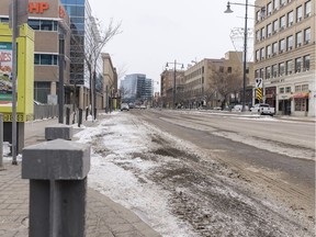 Third Avenue South in Saskatoon, SK ihas become very still amid pandemic related restrictions on Wednesday, April 1, 2020.