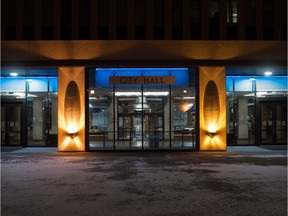 To honour frontline healthcare workers, blue lights shine in the entryway to City Hall in Regina, Saskatchewan on April 4, 2020. Blue was chosen to represent a universal colour used in the medical community.