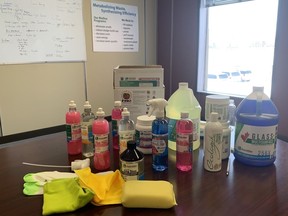 Some of the products manufactured by EnviroWay Detergent Manufacturing Inc. for First Nations communities in Saskatchewan. The company reported difficulties getting some supplies across the U.S. border.