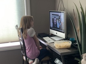 Crystal Nieviadomy's daughter Edry, who is in Grade 4, has a video call with her teacher while learning at home. Saskatchewan schools closed indefinitely because of COVID-19 on March 20, 2020. (Photo courtesy of Crystal Nieviadomy)